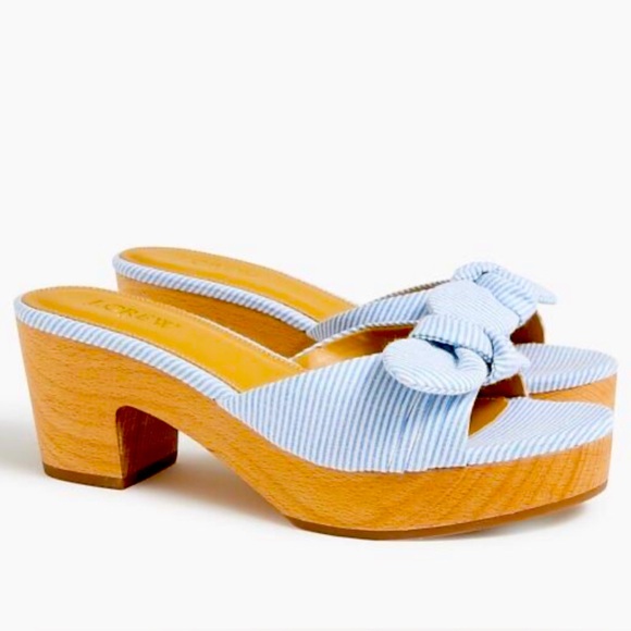 J. CREW SANDALS PRINTED BOW-HEEL MULES WOMEN’S  PLATFORM WOOD BLUE COLOR SIZE 9 - Picture 1 of 7